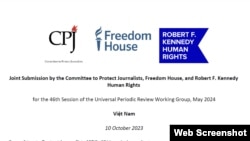 Báo cáo chung của ba tổ chức Ủy ban Bảo vệ các Nhà báo CPJ, Freedom House và Robert F. Kennedy Human Rights gửi đến LHQ trước cuộc Kiểm điểm Định kỳ Phổ quát UPR 2024 về nhân quyền đối với Việt Nam. .